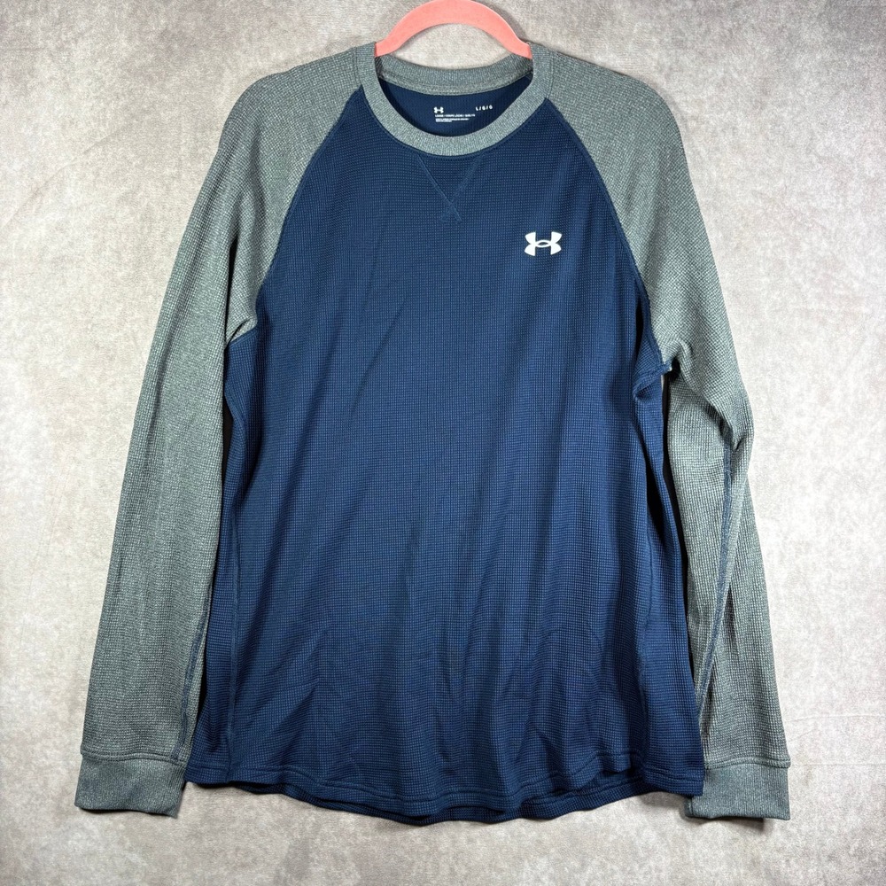 Under Armour Shirt Men Large Blue Gray Waffle Knit Raglan Long Sleeve Loose Fit